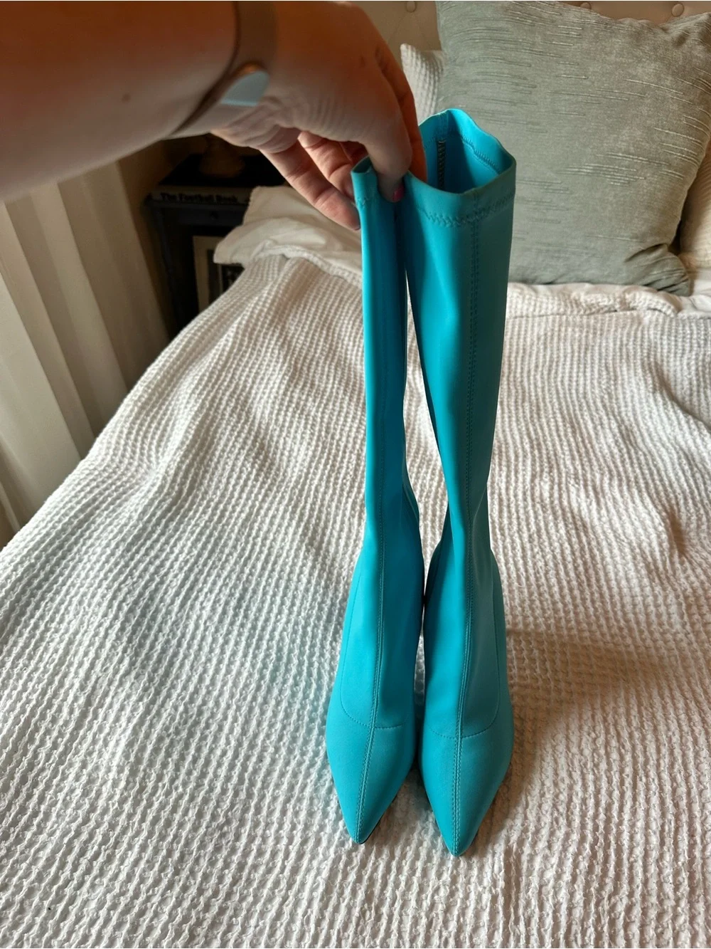 Azalea Wang Estate 75 Turquoise Knee High Boots Pointed Toe Sz 7.5 EU 38